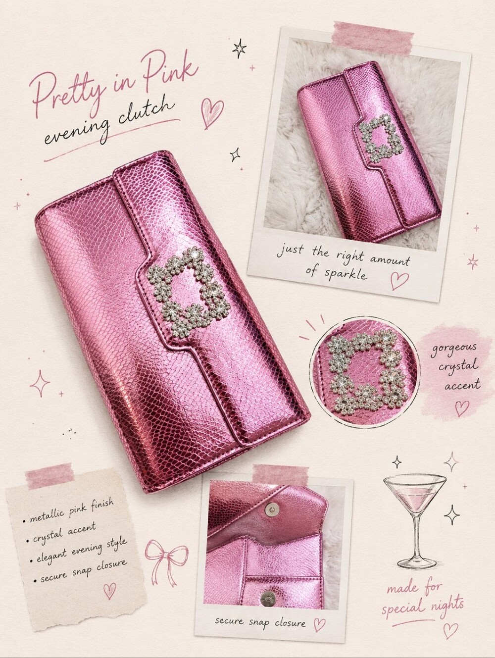 Metallic Pink Evening Clutch with Crystal Accent